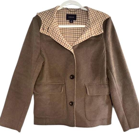 Lands’ End Wool hooded Coat Taupe Plaid interior Button up Women’s 10 Warm Cozy - Picture 2 of 11